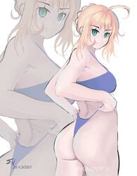 artoria_pendragon ass blonde_hair blue_eyes esgarot_iv fate/grand_order fate/stay_night fate/zero fate_(series) female female_only from_behind saber short_hair solo solo_female swimsuit thighs white_background