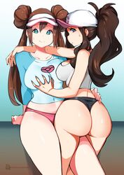 2girls alternate_breast_size artist_name ass bare_legs bare_shoulders baseball_cap big_ass big_breasts black_panties blue_eyes blue_shorts breast_grab breasts brown_hair cap clothed collarbone double_bun female grabbing hat highres hilda_(pokemon) huge_ass human kenron_toqueen large_ass large_breasts looking_at_viewer looking_back multiple_girls nintendo no_pants octoosr panties pink_panties pokemon pokemon_bw pokemon_bw2 ponytail raglan_sleeves rosa_(pokemon) shirt shorts sleeveless smile straddling sweat tank_top thick_ass thick_thighs thighs thong twintails underwear white_shirt yuri