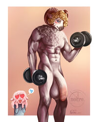 <3_eyes absurd_res anthro balls big_balls big_penis bodily_fluids bovid caprine dumbbell duo female flaccid foreskin genitals gradient_background heart hi_res horn huge_balls huge_cock hyper hyper_balls hyper_genitalia hyper_penis looking_at_viewer male male_focus mammal muscular noitro penis ram_horns sheep simple_background smile sport sweat uncut weights wool_(disambiguation)