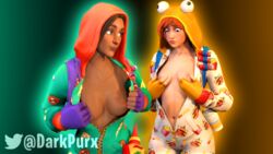 2girls 3d areolae breasts dark-skinned_female dark_skin darkbunxy female fortnite onesie_(fortnite) pj_pepperoni tagme