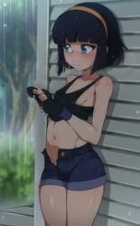 1girls aqua_eyes asian belly black_hair blush bottomwear breasts female female_human female_only freckles handwear human jcm2 kasia_mikolajczyk nintendo no_bra open_fly pokemon rain short_black_hair short_hair short_shorts shorts sideboob small_breasts solo solo_female tank_top wet wet_clothes