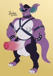 anthro balls bara belly big_balls big_penis buckram_(hirurux) collar daddy_kink erection father foreskin genitals harness hi_res huge_cock leather leather_daddy male male_only muscular muscular_male nidoking nintendo nipple_piercing nipples parent penis piercing pokemon pokemon_(species) solo uncut video_games yaudizz