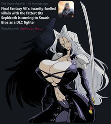 1girls black_wings bursting_breasts busty cleavage english_text final_fantasy final_fantasy_vii huge_breasts humanoid long_hair midriff navel no_bra rule_63 sephimom sephiroth slb super_smash_bros. super_smash_bros._ultimate sword text voluptuous white_hair wings