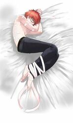 1boy 707_(mystic_messenger) ad_astra bandages bound glasses half-dressed legs_tied male male_only mystic_messenger on_bed pants red_hair shirtless solo_male tagme wrists_bound