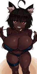 1girls ahoge bikini_pull black_hair breast_squish breasts cat_ears cat_girl cleavage collar dark-skinned_female dark_skin ear_tuft earrings feline female female_only humanoid legband looking_at_viewer medium_hair narrowed_eyes red_eyes ring side-tie_bikini side-tie_panties slit_pupils solo solo_female sweat teeth_showing thick_thighs thumb_ring very_high_resolution viewed_from_above white_background zanamaoria