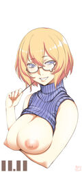 blonde_hair blue_eyes clothes_lift female food glasses looking_at_viewer original osafune_kairi photoshop_(medium) pocky shirt_lift short_hair sleeveless smile solo turtleneck