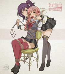 2girls ball_gag bondage bound female female_only femsub fully_clothed gag liu_mei_fan mistereye multiple_girls purple_hair rope school_uniform shoujo_kageki_revue_starlight side_ponytail skirt starlight_academy_uniform stockings thigh_socks tsuruhime_yachiyo yuri