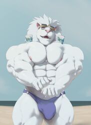 2020 abs absurd_res anthro beach big_muscles big_pecs bulge clothing cup disposable_cup eyewear felid flaccid flexing fur goggles goggles_on_head hi_res lion looking_at_viewer male male_only mammal mane muscular muscular_anthro muscular_male nipples open_mouth outside pantherine pecs ripped-saurian seaside snow_(tokyo_afterschool_summoners) solo speedo standing swimwear tokyo_afterschool_summoners white_body white_fur white_mane