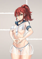 1girls anna_(fire_emblem) bikini damagefloor female fire_emblem heart_hands lowres micro_bikini nintendo red_hair school_uniform see-through skimpy_clothes solo solo_female tie transparent_clothing