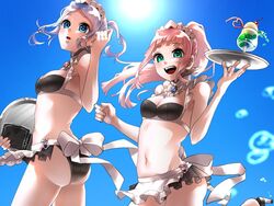 2girls alternate_costume bangs bare_shoulders bikini breasts cleavage felicia_(fire_emblem) fire_emblem fire_emblem_fates flora_(fire_emblem) looking_at_viewer maid maid_headdress medium_breasts melon_soda multiple_girls nintendo open_mouth outdoors satou_whitep sun sunlight swimsuit tray upper_body