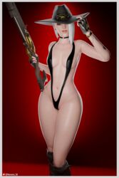 1girls 3d ashe_(overwatch) bikini boots choker cowboy_hat earrings female female_only gloves navel_piercing nemesis_3d overwatch pinup red_eyes shiny_skin sling_bikini solo standing tattoo thick_thighs thighs v-string_bikini white_hair wide_hips