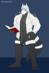 2:3 absurd_res aggron anthro balls barefoot blue_hair book bottomless cherrypickergm clothed clothing eyewear facial_markings flaccid furgonomics furry genitals glasses hair hand_on_hip head_markings hi_res holding_book holding_object horn lab_coat looking_at_viewer male male_only markings muscular muscular_anthro muscular_male nintendo partially_clothed penis percival_prescott pokémon_(species) pokemon pokemon_(species) red_eyes shirt solo solo_male topwear unbuttoned_shirt video_games