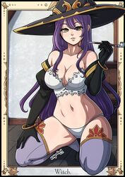 1girls amber_eyes arm_sleeves bare_shoulders bracelet bustier cameltoe card_(medium) cleavage female female_only goblin_slayer heart-shaped_pupils highres holding_object kinkymation kiseru kneeling legwear long_hair looking_at_viewer mole_under_eye panties pipe purple_hair solo solo_female tarot the_sun_(tarot) thick_thighs thighhighs witch_(goblin_slayer) witch_hat