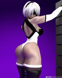 1girls 3d 3d_(artwork) ass back_view big_ass big_butt blindfold dat_ass female female_only light-skinned_female light_skin nier:_automata no_panties solo solo_female white_hair wicked3dx yorha_2b