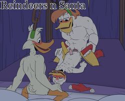 all_fours anal anal_sex anatid anseriform anthro avian bed bedroom bird blush bodily_fluids capreoline cervid christmas clothing cum cum_in_mouth cum_inside darkwing_duck disney donald_duck duck ducktales erection furniture gay genital_fluids group group_sex hat headgear headwear hi_res holding_(disambiguation) holidays launchpad_mcquack malard male male/male male_only mammal muscles narrowed_eyes nude open_mouth penetration penis reindeer santa_hat sex sweat sweatdrop tejedora7 threesome tongue tongue_out