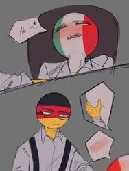 blush countryhumans dafriix germany_(countryhumans) green_eyes italy_(countryhumans) moan nipples squeezing_breast swivel_chair text_bubble unbuttoned_shirt white_body yellow_body