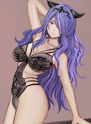 1girls alternate_costume arm_up armpits aruman bangs bare_shoulders bare_thighs breasts camilla_(fire_emblem) closed_mouth female female_only fire_emblem fire_emblem_fates lingerie long_hair looking_at_viewer nintendo simple_background smile solo standing underwear upper_body