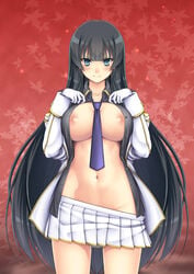 >:) bangs black_eyes black_hair black_necktie black_shirt blunt_bangs breasts closed_mouth clothes_pull commentary_request cowboy_shot female gloves ikaruga_(senran_kagura) large_breasts long_hair long_sleeves looking_at_viewer marvelous military military_uniform navel necktie nipple_slip nipples no_panties open_clothes open_shirt osafune_kairi photoshop_(medium) senran_kagura senran_kagura_shoujo-tachi_no_shin'ei shirt skirt skirt_pull smile solo stomach uniform v-shaped_eyebrows very_long_hair white_gloves