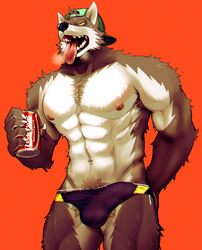 1boy anthro armpit_hair beverage body_hair bulge canid canine canis clothing cola fan_character fur furry genital_outline grey_body grey_fur hat headgear headwear hi_res k0bit0wani male male_only mammal penis_outline red_background simple_background soda solo solo_male tongue tongue_out underwear wolf