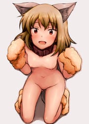 :d animal_ear_fluff animal_ears bangs black_collar blush bob_cut breasts brown_eyes brown_hair cat_ears cat_feet collar commentary female from_above full_body highres idolmaster idolmaster_million_live! kneeling looking_at_viewer looking_up nagayoshi_subaru navel negija nude open_mouth paws pussy raised_eyebrows red_eyes short_hair simple_background small_breasts smile solo tail uncensored white_background