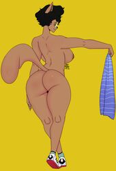 absurd_res anthro ass big_breasts big_butt breasts brown_body brown_fur clothed clothing crossed_legs domestic_cat eyewear felid feline felis female fur glasses gulasauce_(artist) hair hi_res mammal mia_helsinki partially_clothed presenting presenting_hindquarters short_hair simple_background smile solo towel