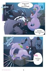 balls bodily_fluids claws comic comic_page dr.bubblebum drooling duo english_text erection fur genitals goodra hi_res nintendo obstagoon page_9 page_number penis pokémon_(species) pokemon pokemon_(species) saliva text thick_thighs tongue video_games