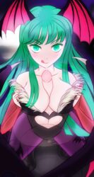 big_breasts clothing cornelly darkstalkers green_eyes green_hair large_breasts morrigan_aensland paizuri succubus titfuck titjob white_skin wings