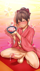 1futa balls barefoot big_penis blush bowl brown_hair censored closed_eyes clothed clothes clothing cum cum_on_food cumdrip daisy_mitsumata dessert erection eyes_closed floral_background floral_pattern food fruit full-package_futanari futa futa_only futanari hair_bun hair_ribbon hairless_balls hairless_penis heart_censor highres japanese_clothes kimono light-skinned_futanari light_skin long_hair no_panties no_pubic_hair original penis presenting presenting_food smile smiling smiling_at_viewer solo solo_futa spoon squatting strawberries strawberry testicles updo wholesome