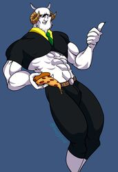 1boy abs bara buffyloop bulge capricorn_(fairy_tail) clothed fairy_tail furry male_only pizza smirk uniform