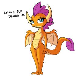 anthro blue_eyes dragon fangs female friendship_is_magic half-closed_eyes hasbro my_little_pony orange_body pussy slit_pupils smile smolder_(mlp) solo tjpones wings