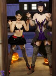 2girls 3d abs age_difference black_eyes black_hair blue_hair bob_cut boots boruto:_naruto_next_generations bra bracelets breast_size_difference breasts cleavage clothed clothing corset costume doorway female female_focus female_only flat_chest footwear fully_clothed glasses halloween heels height_difference high_heels hyuuga_hinata leggings legwear mature mature_female milf nail_polish naruto naruto_(series) older_female open_mouth outdoors outside pale-skinned_female pale_skin pose posing purple_eyes purple_nail_polish purple_nails red_nail_polish red_nails revealing_clothes sarada_uchiha shim shoes short_hair size_difference skirt sleeveless_shirt standing stockings succubus thighhighs trick_or_treat violet_eyes younger_female