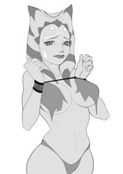 1girls ahsoka_tano alien alien_girl big_breasts bikini bikini_bottom black_and_white bondage breasts cleavage clone_wars evasolo female female_only hands_bound monochrome panties ripped_bra ripped_clothing rope sci-fi science_fiction scifi solo solo_female star_wars tagme_(artist) togruta torn_clothes underwear underwear_only