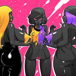 3girls breasts cap clothing female female_only huge_breasts lactation long_hair manyakis multiple_girls original original_character purple_hair tagme unusual_lactation yellow_hair