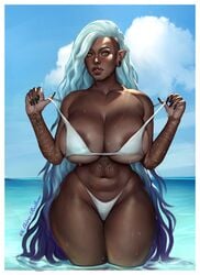 akira_(akira_raikou) akira_raikou areolae_slip big_breasts bikini bikini_bottom bikini_lift bikini_top blue_hair breasts cleavage cutting dark-skinned_female dark_skin earring huge_breasts long_hair original scars self_harm_scars shaved_side swimsuit tattoo water wet white_hair