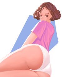 1girls ass back back_view brown_hair clothed clothing female female_only haru_okumura human light-skinned_female light_skin looking_at_viewer looking_back panties partially_clothed persona persona_5 pliss_m rear_view short_hair white_background white_panties