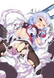 absurdres bangs bar_censor black_legwear blunt_bangs breast_sucking brown_eyes censored dress female gloves hair_ribbon headgear highres kantai_collection long_hair lying milking_tentacles murakumo_(kantai_collection) navel necktie on_back panties panties_aside pantyhose red_neckwear remodel_(kantai_collection) restrained ribbon sailor_dress short_eyebrows sidelocks silver_hair small_breasts solo spring_oct tentacle tentacle_sex tentacle_sucking_breasts thighband_pantyhose torn_clothes torn_legwear tress_ribbon underwear vaginal_penetration white_panties