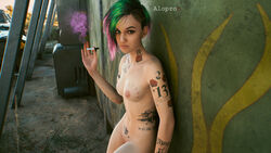 1girls 3d aloprox cd_projekt_red cigarette cyberpunk cyberpunk_2077 female female_only judy_alvarez looking_at_viewer medium_breasts naked outside shaved_pussy smoking solo