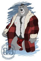 2020 anthro asher_(bruteandbrawn) barazoku belly black_hair black_nose black_pubes blue_eyes body_hair bruteandbrawn bulge clothing digital_media_(artwork) exposed_chest eyebrows fingers front_view fur grey_body grey_fur grin hair happy_trail hi_res jacket jockstrap looking_at_viewer male male_only mammal multicolored_body multicolored_fur musclegut navel nipples open_mouth pecs pinup plaid pose pubes red_clothing red_jacket red_jockstrap red_topwear simple_background slightly_chubby smile solo standing topwear two_tone_body two_tone_fur underwear ursid watermark