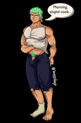 1boy bara buffyloop bulge feet gay green_hair male male_only one_piece pubic_hair roronoa_zoro scratches sleepy sock solo yaoi