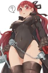 1girls atlus black_ribbon blush female female_only jacket kasumi_yoshizawa kurosususu leotard looking_at_viewer low-angle_view persona persona_5 persona_5_royal phantom_thief_suit ponytail red_eyes red_hair sega simple_background source_request sumire_yoshizawa sword tagme thigh_boots white_background