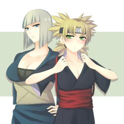 2girls adult age_difference big_breasts blonde_hair blue_eyes blunt_bangs blush breasts busty center_opening cleavage female female_only fully_clothed green_eyes headband kimono kunoichi looking_at_viewer multiple_girls naruto naruto_(series) naruto_shippuden ninja no_bra older_female quad_tails samui short_hair sunagakure_symbol take_your_pick teenager temari tied_hair undressing younger_female