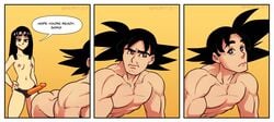 1boy 1girls black_hair brown_eyes canon_couple chichi comic dragon_ball dragon_ball_z english_text female funny goku husband_and_wife imminent_pegging kombucha_girl_meme male malesub meme muscle muscular_male muscular_sub nipples nortuet pegging power_bottom sex_toy small_breasts son_goku straight strap-on