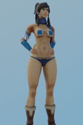 1girls 3d avatar_legends bikini bikini_bottom bikini_top blender blue_eyes brown_hair euro eyepatch_bikini female female_only korra lowleg medium_breasts muscular muscular_female pubic_hair smile smooth_skin solo swimsuit the_avatar the_legend_of_korra water_tribe