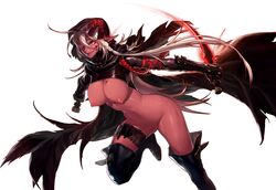 breasts breasts_out cloak dungeon_and_fighter dungeon_fighter_online elf functionally_nude gloves happening18 knife no_bra no_panties nude_filter red_eyes red_skin thigh_boots weapon white_hair