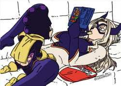 1boy 1girls blonde_female blonde_hair chips_(food) couch eating emotionless hero_outfit_(mha) long_hair lying_down lying_on_back manga manga_cover minoru_mineta missionary_position mount_lady my_hero_academia pants_down penis pussy reading reading_book ripped_clothing shoganight small_penis spread_legs uninterested vaginal_penetration yuu_takeyama