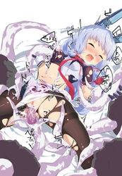 absurdres bangs bar_censor black_legwear blunt_bangs breast_sucking censored closed_eyes dress female gloves hair_ribbon headgear highres kantai_collection long_hair lying milking_tentacles murakumo_(kantai_collection) navel necktie on_back panties panties_aside pantyhose red_neckwear remodel_(kantai_collection) restrained ribbon sailor_dress short_eyebrows sidelocks silver_hair small_breasts solo spring_oct tentacle tentacle_sex tentacle_sucking_breasts thighband_pantyhose torn_clothes torn_legwear tress_ribbon underwear vaginal_penetration white_panties