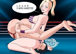 2girls ass bangs barefoot big_ass bikini black_hair blonde_hair blue_eyes breasts catfight closed_eyes crossover facesitting feet female female_only implied_yuri ino_yamanaka joao_segura kneeling long_hair long_legs naruto nico_robin one_piece ponytail sideboob sitting_on_face sitting_on_person soles speech_bubble swimsuit talking text tied_hair toes upside-down wrestling wrestling_ring wristband yuri