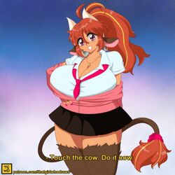 1:1 1girls 2020 animal_humanoid bangs big_breasts bottomwear bovid bovid_humanoid bovine bovine_humanoid breasts cattle_humanoid chubby cleavage clothed clothing collared_shirt cow_ears cow_girl cow_tail cross cross_necklace curvy_figure dark_skin ear_piercing ear_ring english_text european_mythology eyebrow_through_hair eyebrows eyelashes fake_screenshot female gradient_background greek_mythology gyaru hair hand_on_hip highlights_(coloring) horns huge_breasts human humanoid inviting jacket jewelry mammal mammal_humanoid meme minotaur minotaur_female monster_girl_(genre) mythology necklace necktie orange_hair penni_(that-girl-whodraws) piercing pink_clothing pink_eyes pink_fingernails pink_jacket pink_topwear pleated_skirt plump ponytail purple_eyes retro_artstyle scrunchie shirt simple_background skirt smile solo subtitled tail_tuft teeth text that-girl-whodraws thick thick_eyelashes topwear touch_the_cow_do_it_now translucent translucent_hair tuft unzipped vhs vhs_artifacts voluptuous white_clothing white_shirt white_topwear wide_hips yellow_text