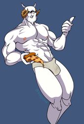 1boy abs bara buffyloop bulge capricorn_(fairy_tail) cum dirty_underwear fairy_tail furry male_only pizza smirk solo underwear