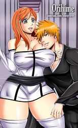 1boy 1girls arrancar bare_shoulders big_breasts bleach bluegraves blush breasts brown_eyes busty cleavage clothed clothing couple curvaceous curvy curvy_figure digital_media_(artwork) dress elbow_gloves female grey_eyes hair_ornament hand_on_thigh highres hips hourglass_figure huge_breasts ichigo_kurosaki inoue_orihime large_breasts legs long_hair long_sleeves looking_at_viewer male open_mouth open_smile orange_hair red_hair revealing_clothes robe sash short_dress short_skirt smile standing stockings thick thick_legs thick_thighs thighhighs thighs wide_hips